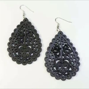 Black Wooden Flower Teardrop Shape Earrings.